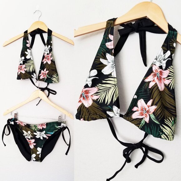NEW Hurley Women's XL Reversible Bikini 2pc Set Black Tropical Floral Adjustable - Picture 4 of 16